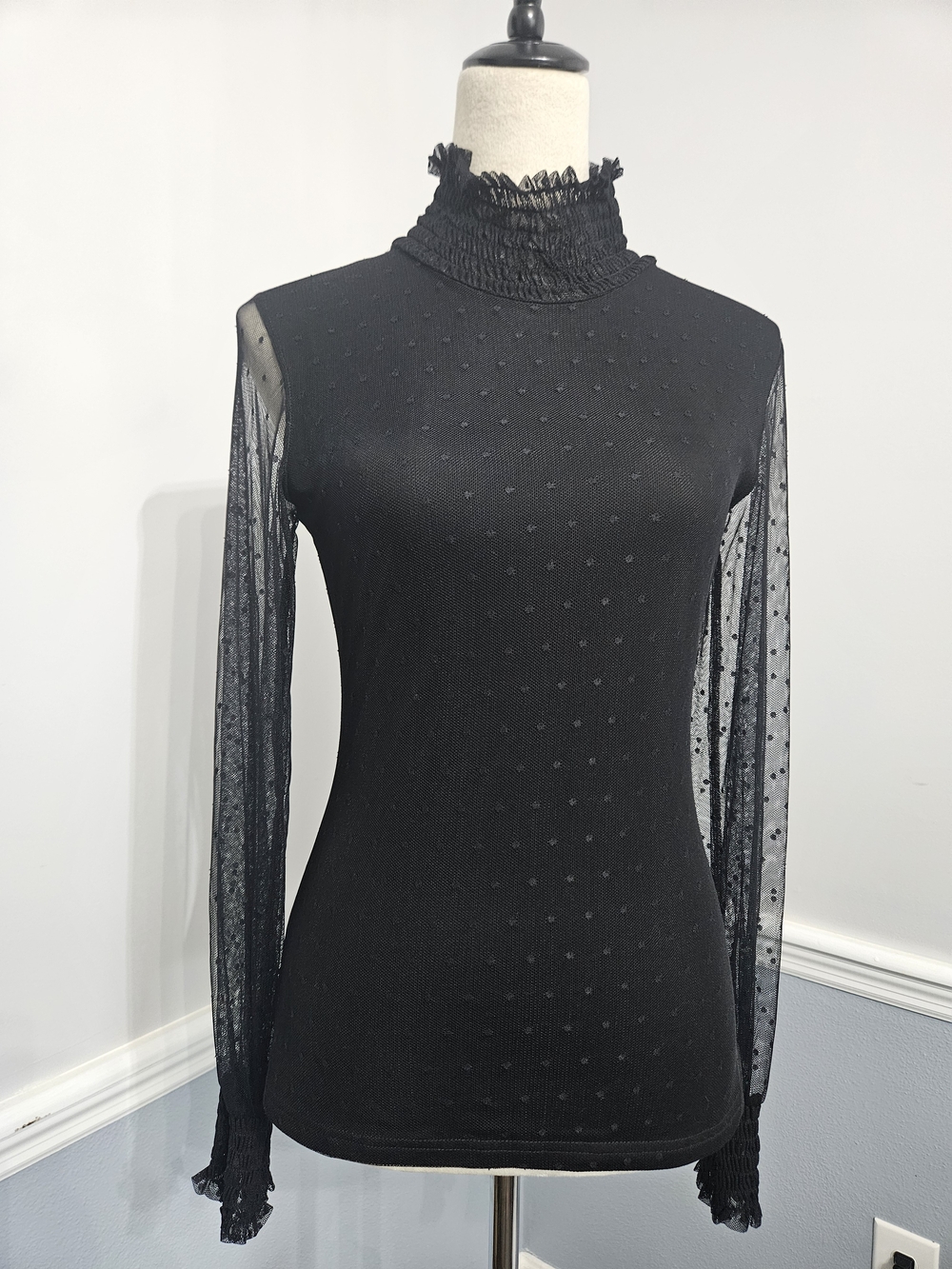 Pink Lily Black Sheer Dot Long Sleeve Mock Neck Whimsigoth Goth Victorian Sz S
